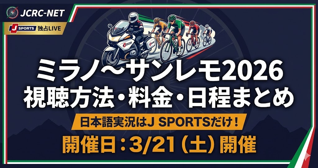 ミラノ〜サンレモ2026の視聴方法と日程をまとめたアイキャッチ画像。3月21日開催の案内。